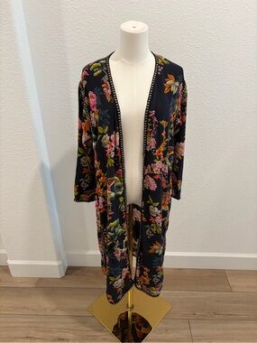 Johnny Was Black Floral Long 100 % silk Kimono size xs